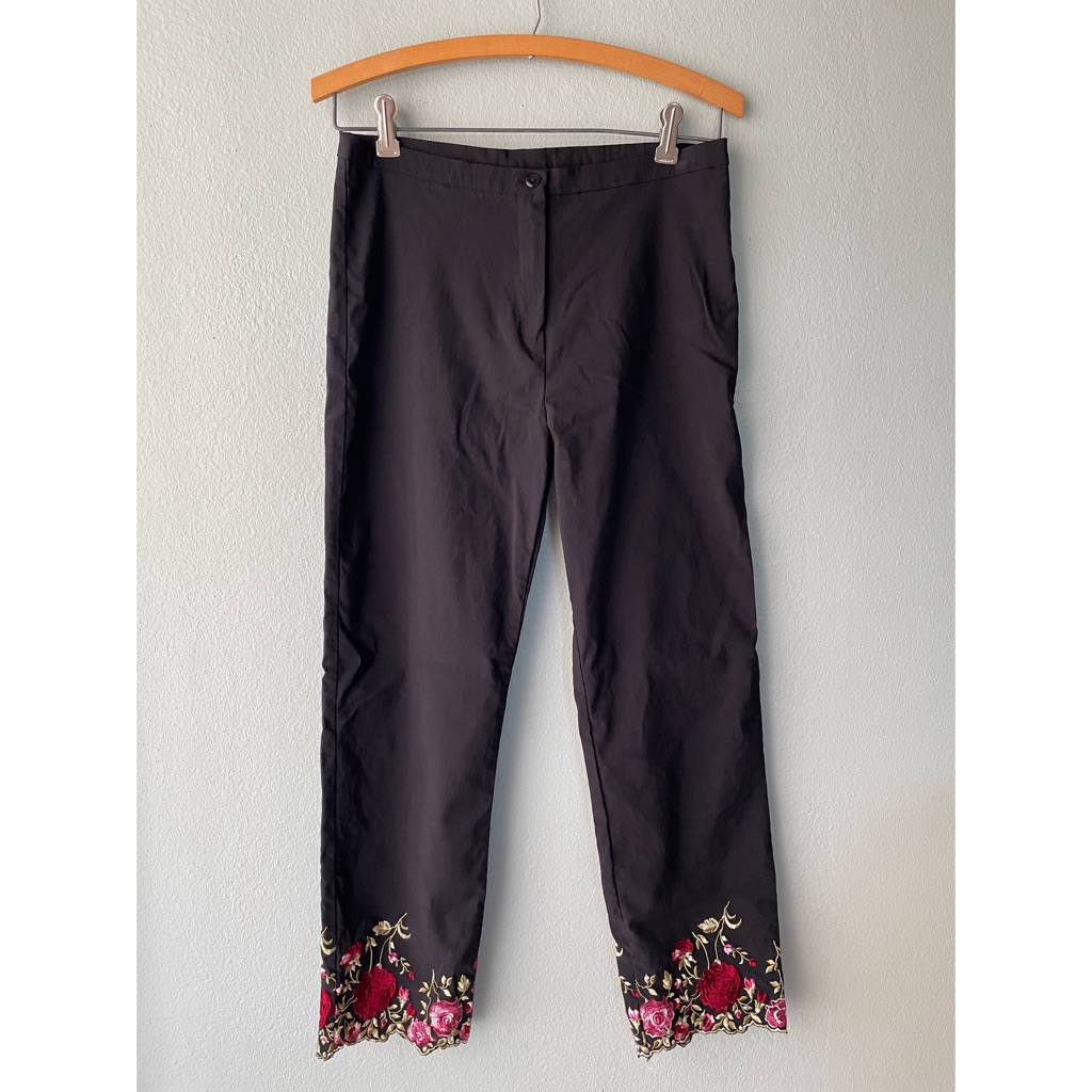 Cache Black Straight Leg Pants With Floral Embroidered Hem